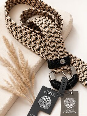NWT Vince Camuto Stretch Woven Raffia Belt L/XL Black Tan White Statement Buckle